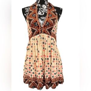 Free People Cream Brown Pink Boho Racerback Tunic Tank Size XS With Pockets